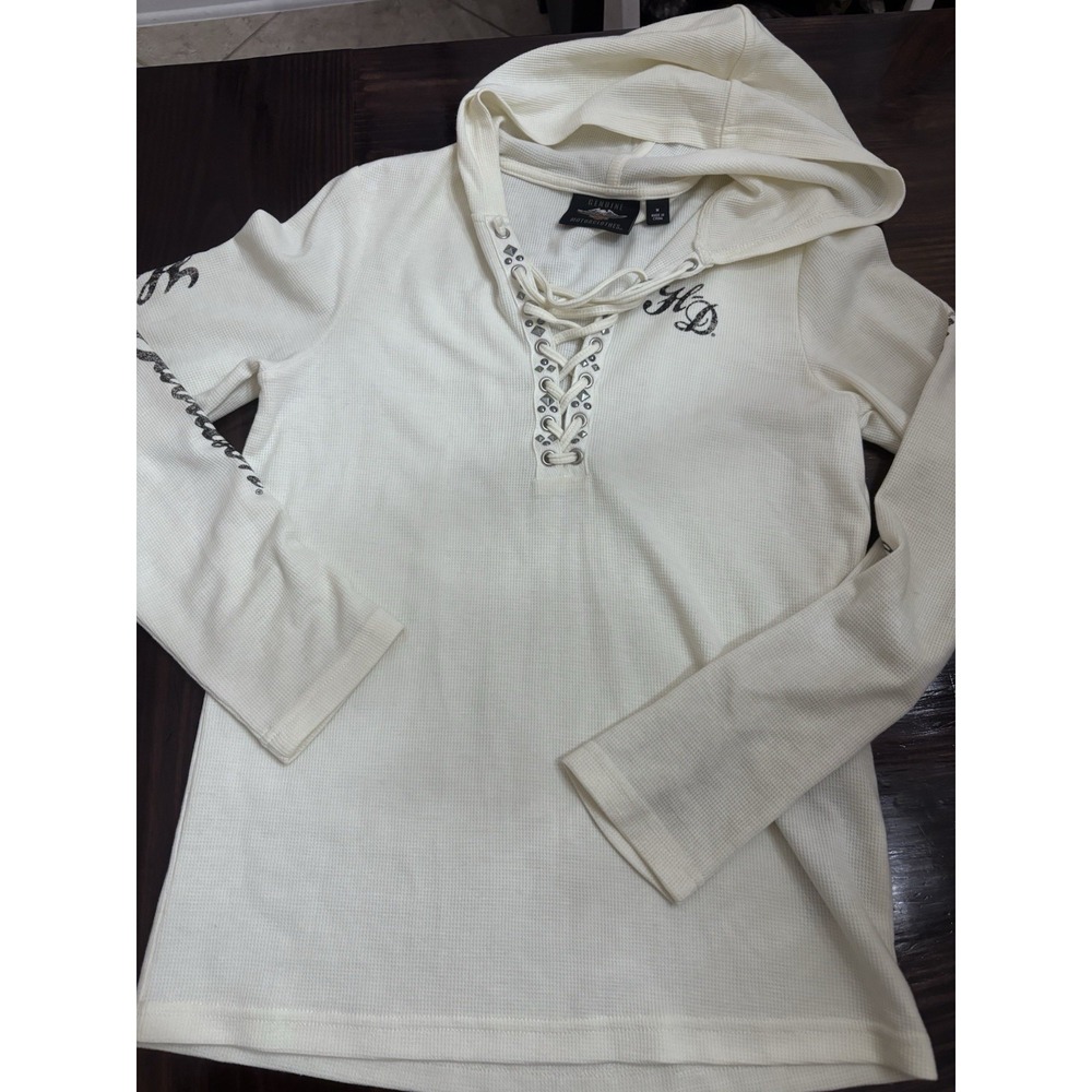 Harley Davidson Women Studded Sparkle Hooded Shirt Long Sleeve  Thermal Medium